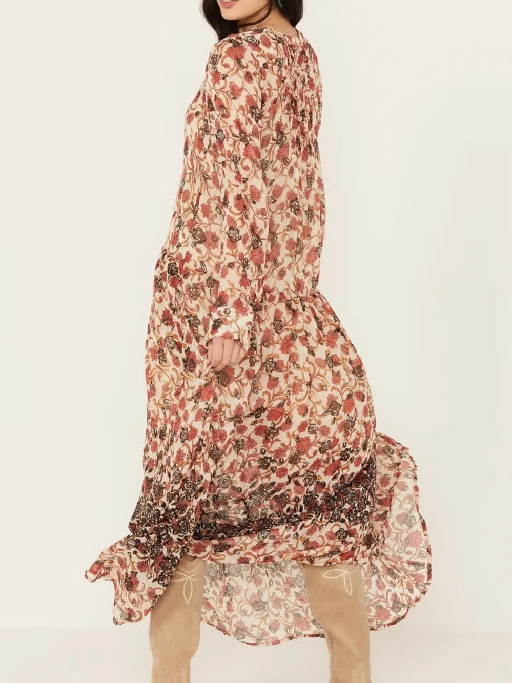 Free People See it Through Rose Multi Floral Long Sleeve Maxi Dress XSTP